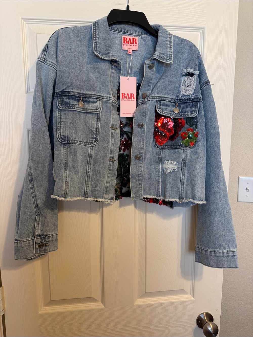 Light Wash Cropped Sequin Floral Denim Jacket